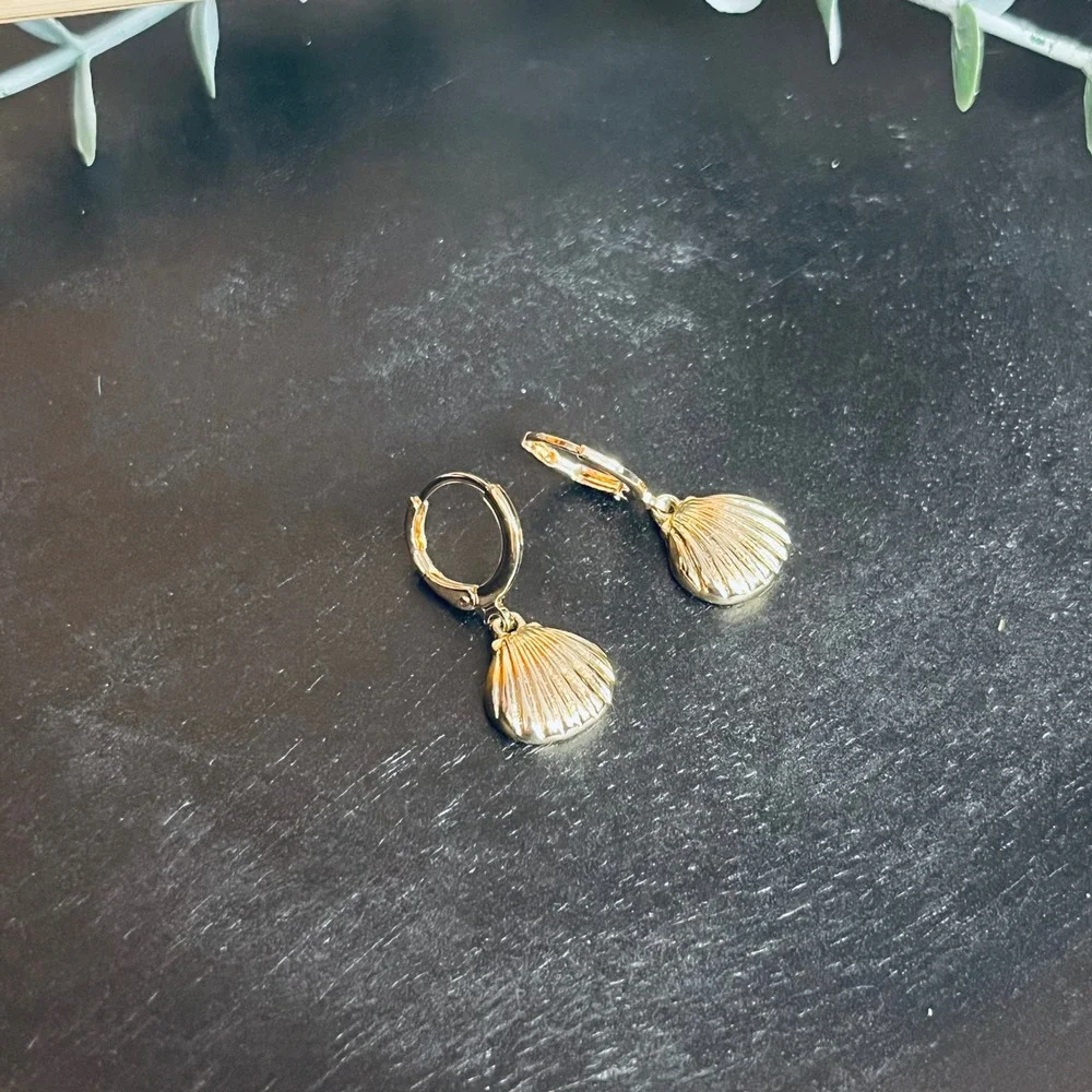 Seashell Huggie Hoop Earrings‎ | 14k Rose Gold Plated | Boho Ocean Mermaid